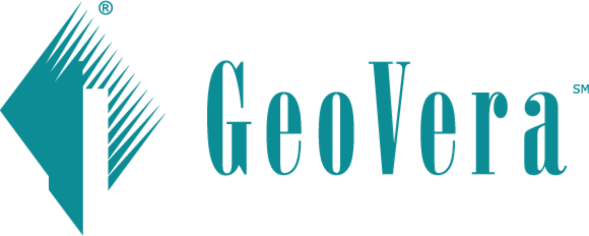 GeoVera logo in teal with stylized geometric icon and wordmark on white background
