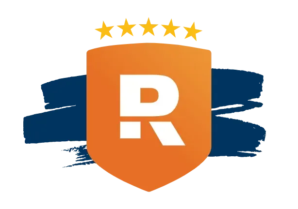 Orange shield logo with white R, blue brush strokes, and five gold stars above