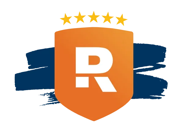 Orange shield logo with white “R,” blue brush strokes, and four gold stars above it
