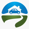 Blue house-and-car icon above a green winding road