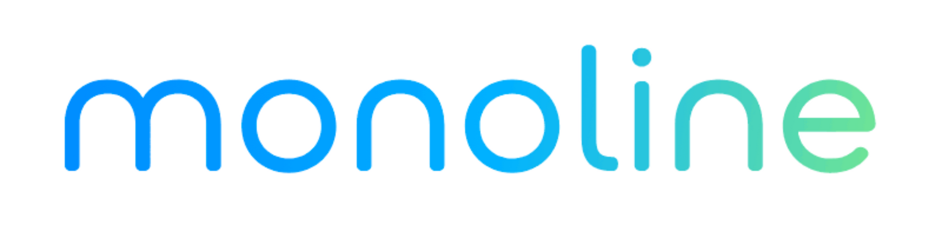 Blue “monoline” wordmark on a white background