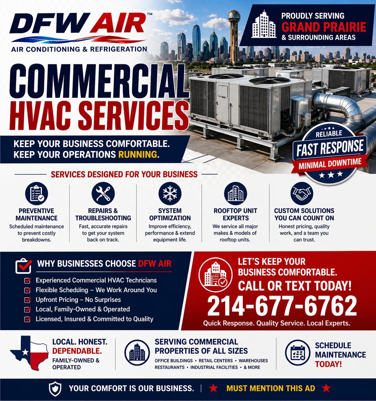 DFW Air commercial HVAC services ad with service list, Dallas skyline, and phone number 214-677-6762