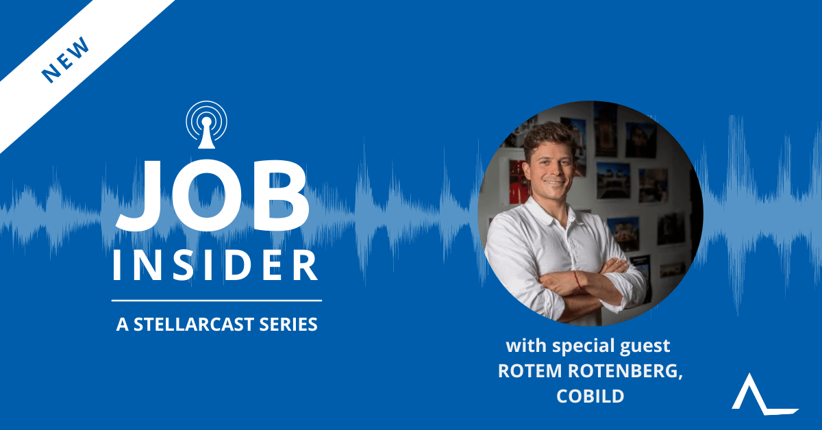 Job Insider podcast ad featuring Rotem Rotenberg of COBILD. Blue background with waveform and logo.