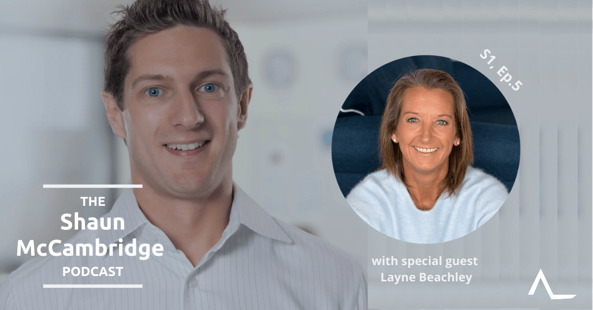 Podcast graphic featuring Shaun McCambridge and Layne Beachley. McCambridge smiles. Beachley’s portrait is on the right.