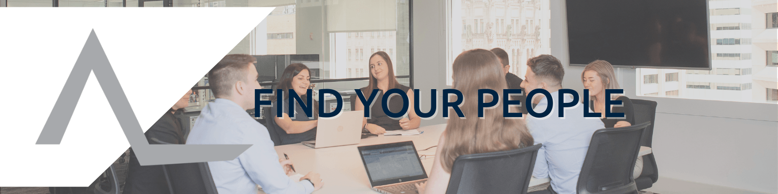 People sitting around a table, “Find Your People” text and an abstract white and grey logo.