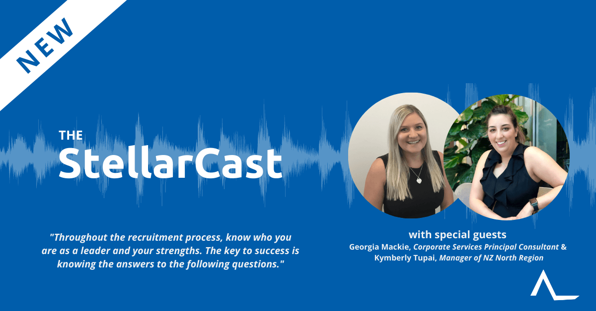 Podcast banner with logo and images of two women; blue background,