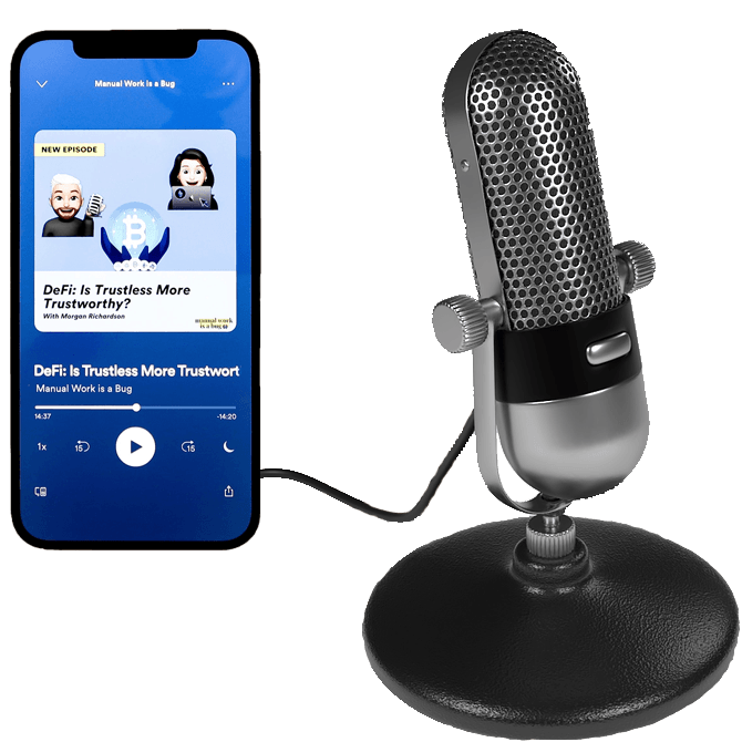 Smartphone playing a podcast is connected to a vintage microphone on a stand.