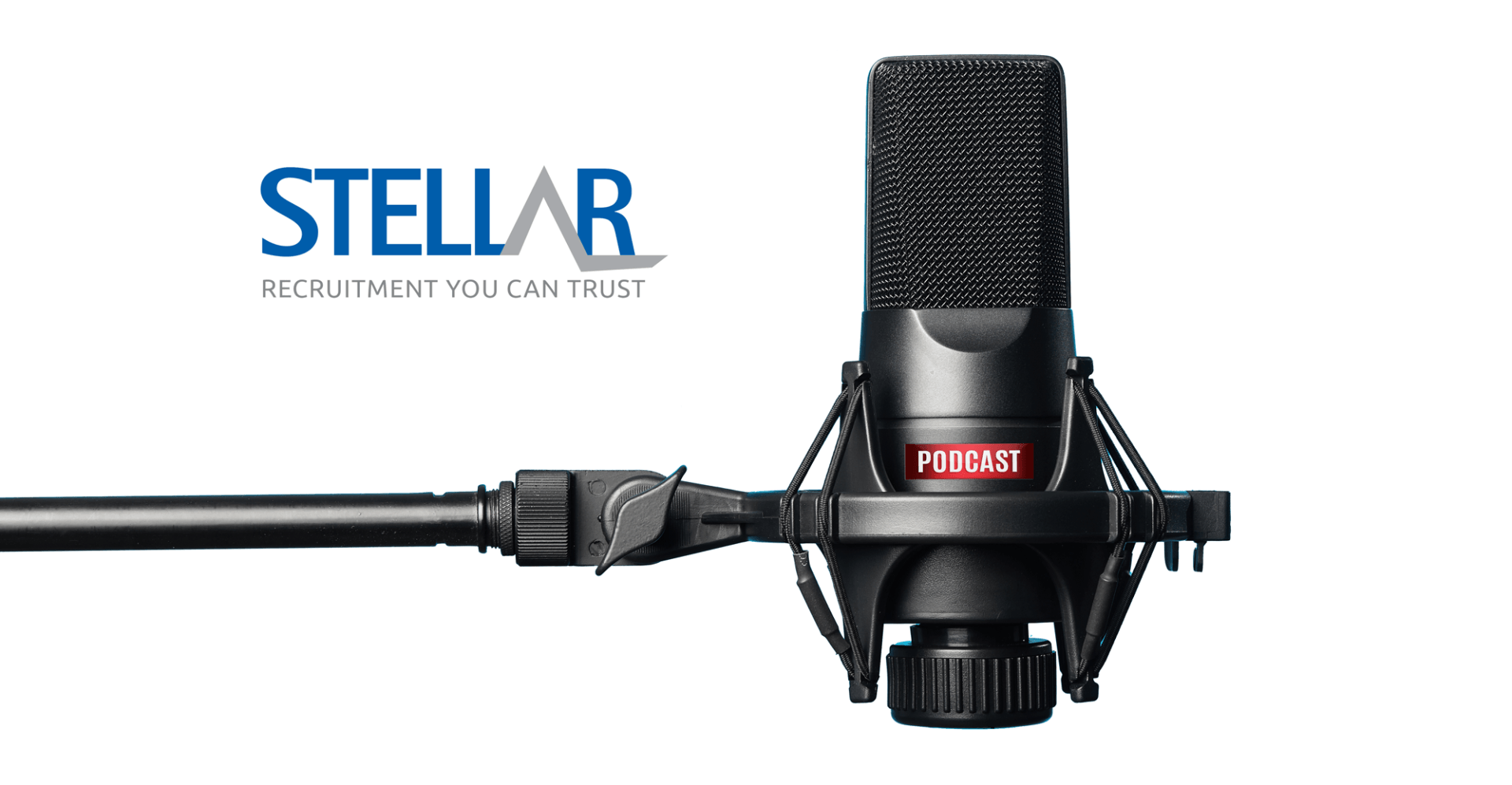 Black microphone attached to an arm; blue