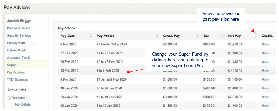 Pay Admin page with pay stubs listed. View/download pay slips and update super fund details.