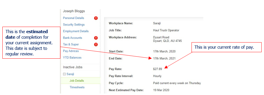 Screenshot of a pay stub, with annotations pointing to estimated completion date and current rate of pay.