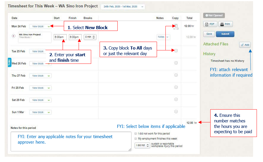 Screenshot of a timesheet with instructions to enter time blocks and notes.