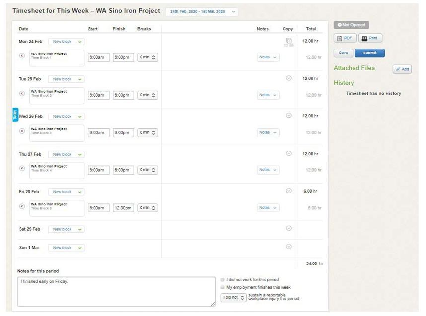 Timesheet for the week showing daily work entries, with start/end times, notes, and totals.