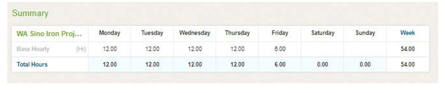 Table showing a summary of weekly hours. Monday to Sunday with total hours.
