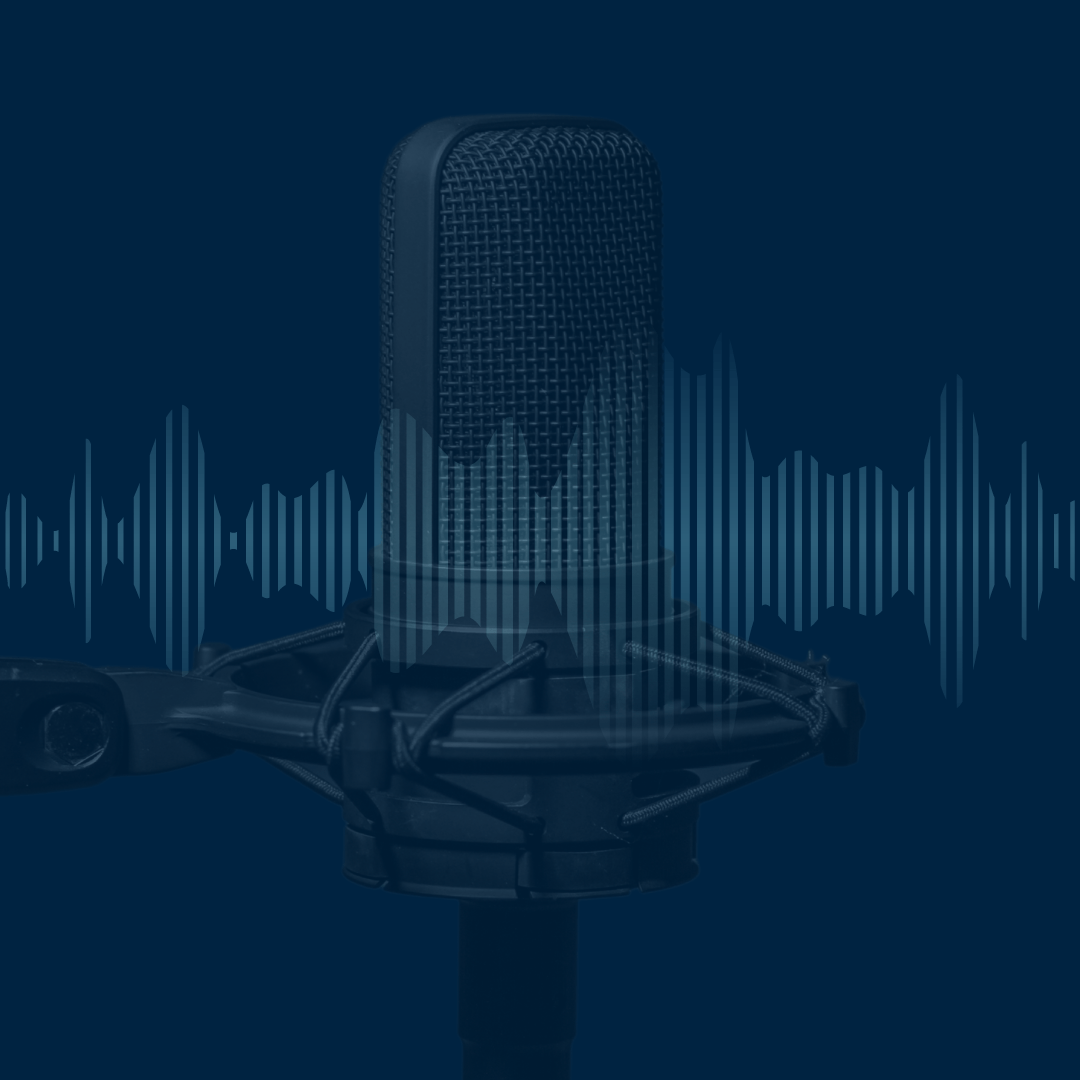Microphone with sound wave overlay, dark blue background.