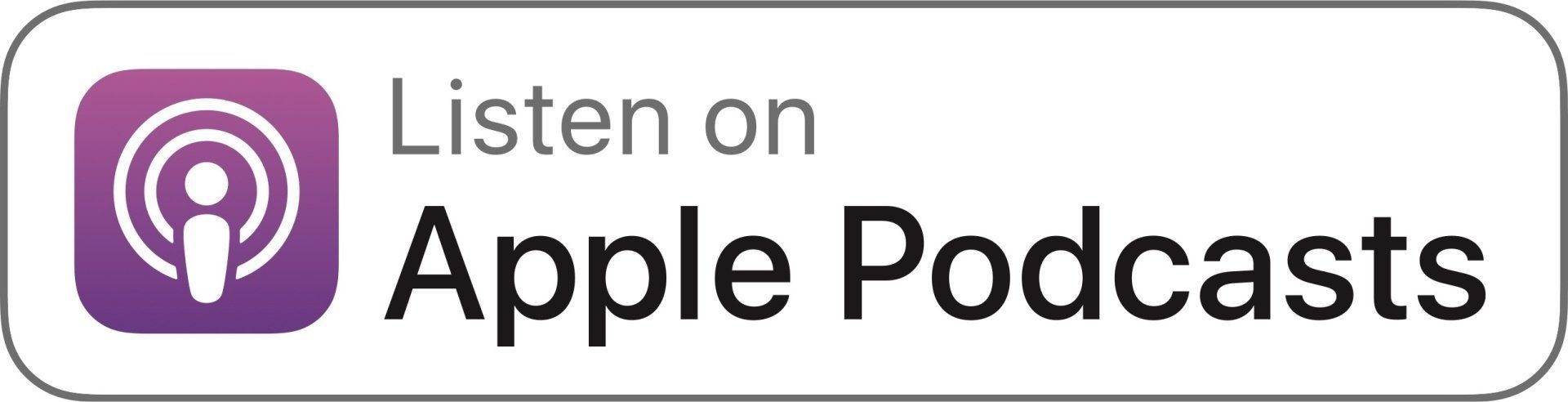 Listen on Apple Podcasts logo. Purple podcast icon, white text on a white and gray rounded rectangle.