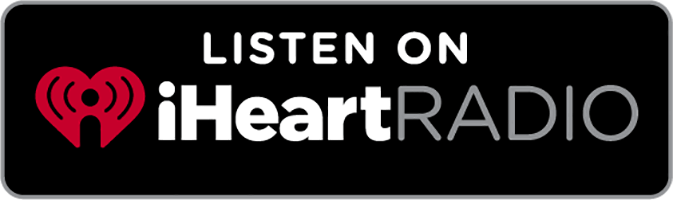 Listen on iHeartRadio logo, black background, red heart icon, white text.