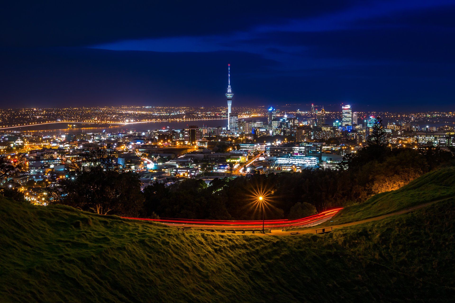 City lights at night, Auckland, New Zealand, skyline with Sky Tower and roads on green slopes in the foreground.