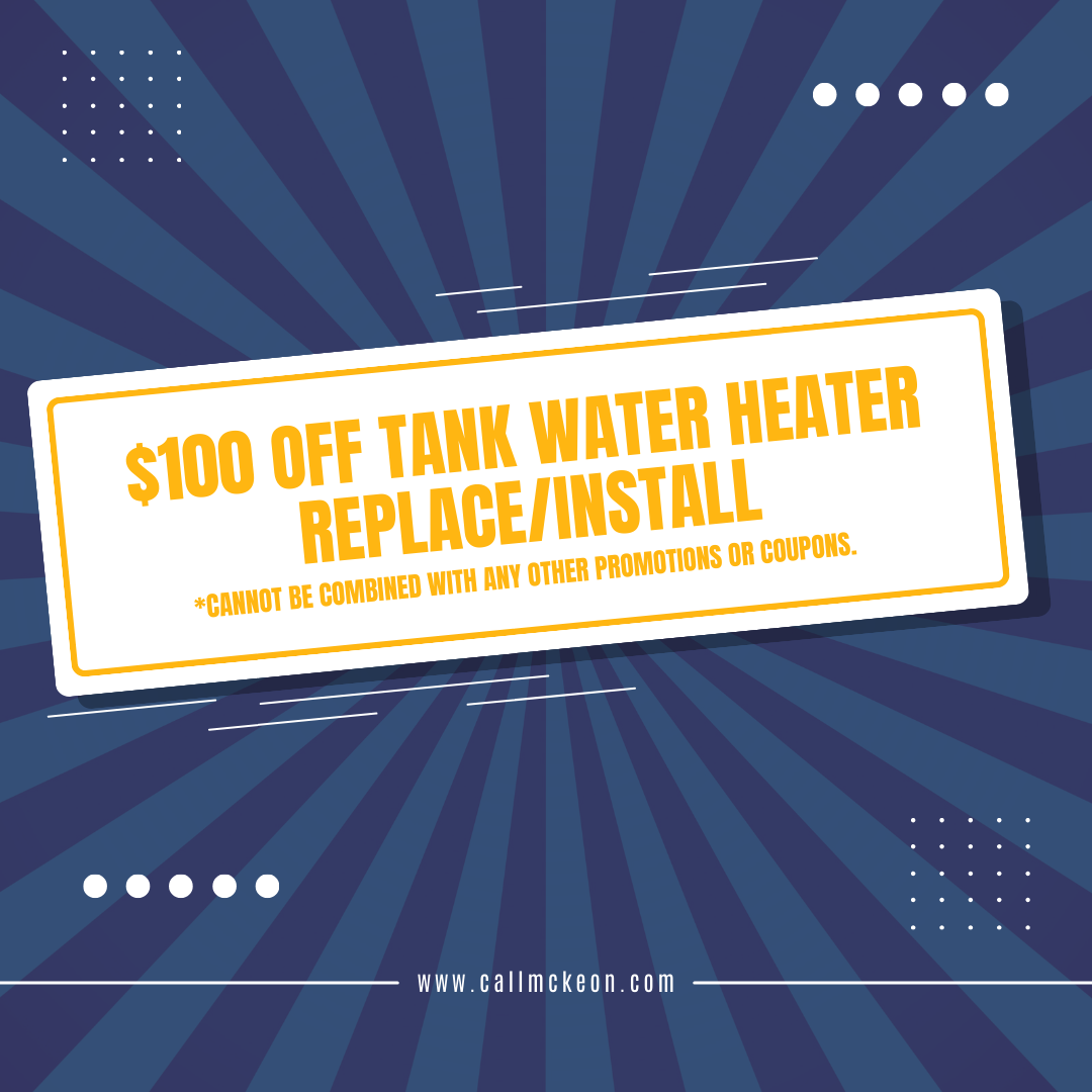 Coupon for $100 off tank water heater replace/install. White text on orange rectangle against blue striped background.