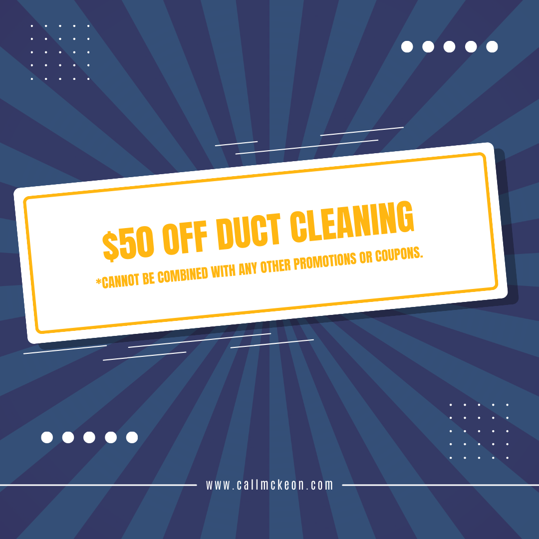$50 off duct cleaning coupon on a blue burst background, with white text and yellow border.
