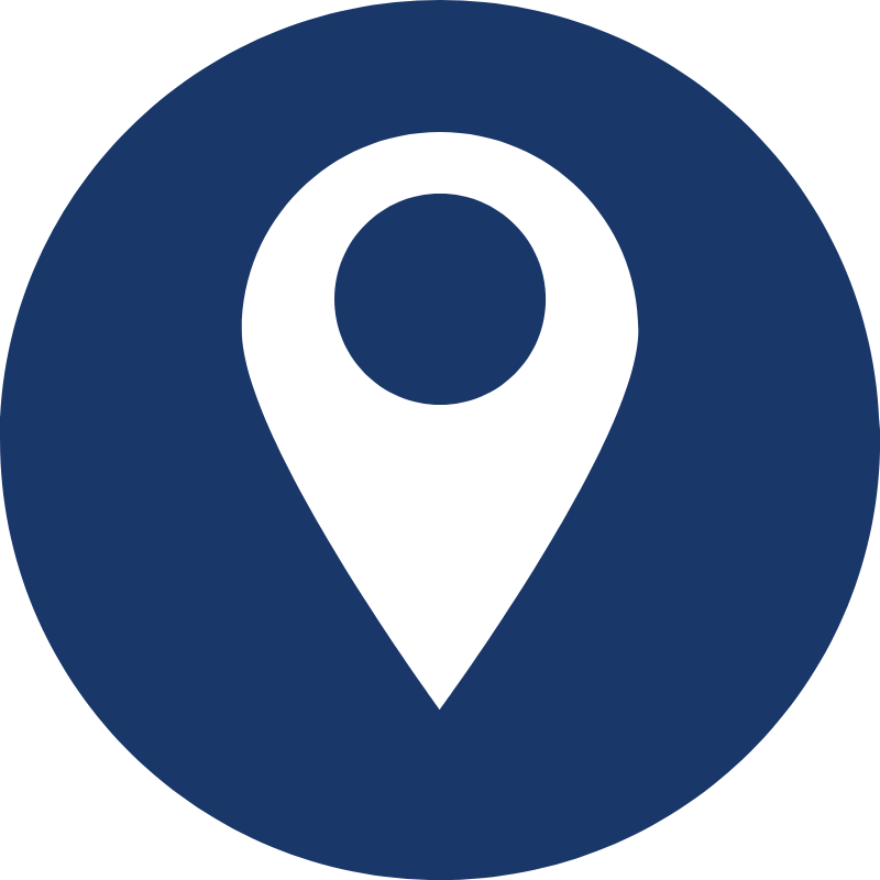 White location pin in a dark blue circle.