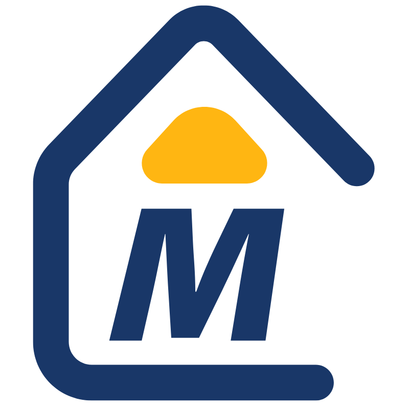 Blue house outline with yellow roof over dark blue 
