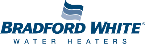 Bradford White water heater logo with blue text and flag graphic.