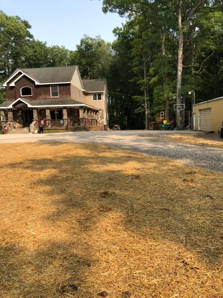Two-story house with a porch beside a gravel driveway and wooded yard on a sunny day