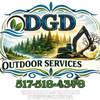 DGD Outdoor Services logo with trees, excavator, dump truck, and phone number 517-518-4378