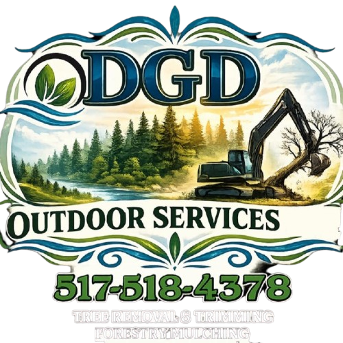 DGD Outdoor Services logo with trees, excavator, dump truck, and phone number 517-518-4378