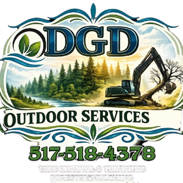 DGD Outdoor Services logo with trees, excavator, dump truck, and phone number 517-518-4378