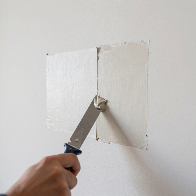 Hand scraping peeling paint from a white wall with a putty knife