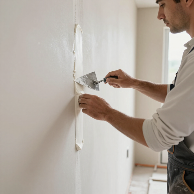 Person smoothing plaster on a wall with a putty knife during interior repairs
