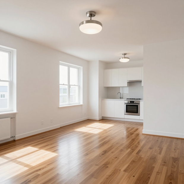 Bright empty apartment with hardwood floors, white walls, windows, and a small kitchen area.