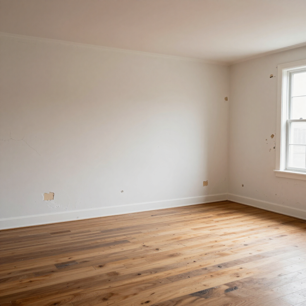 Empty unfurnished room with white walls, hardwood floor, and a window on the right.