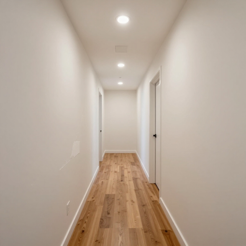 Empty white hallway with wood floors, recessed ceiling lights, and doors on both sides