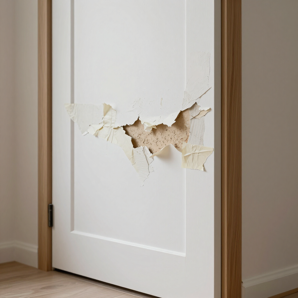 White interior door with a large hole and peeling paint near the lower center.
