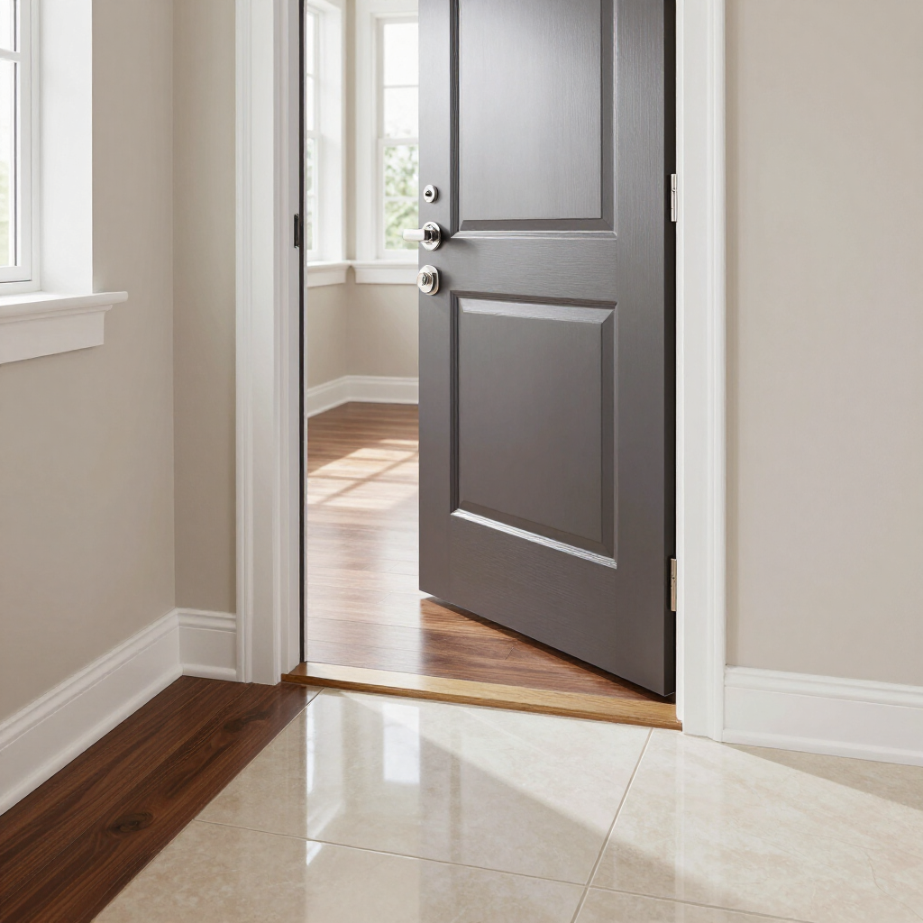 Open gray front door with sunlight on tiled floor in a bright hallway