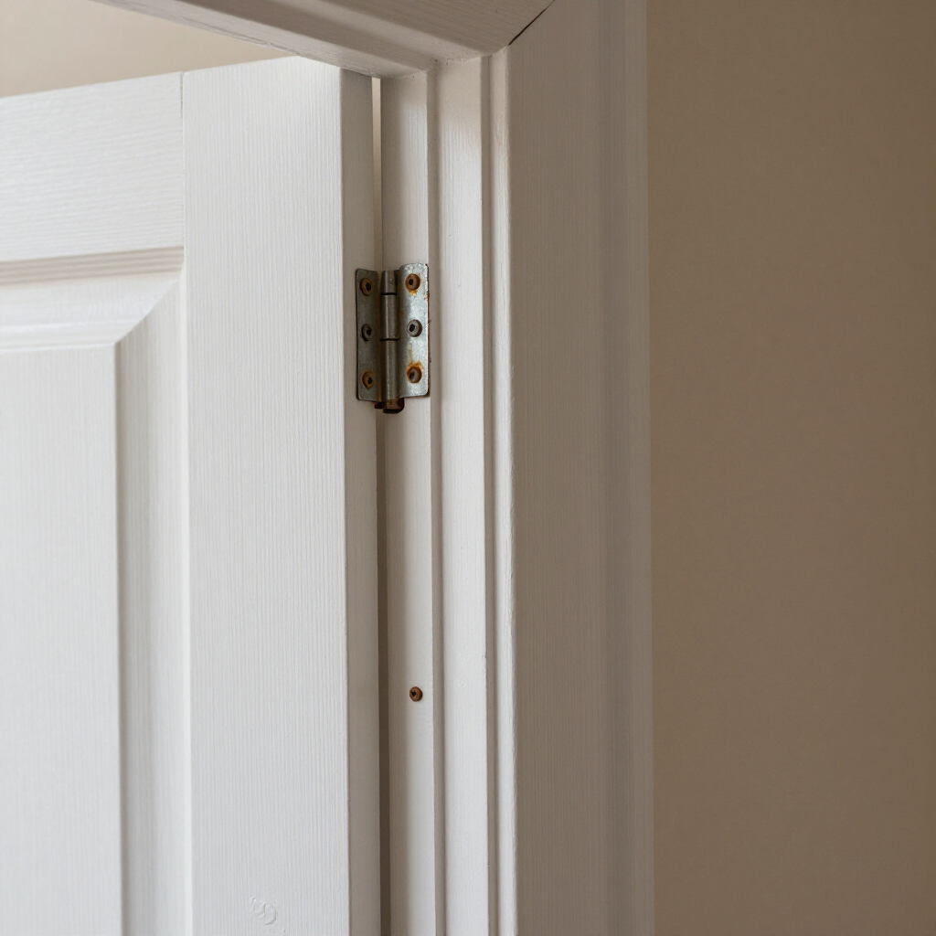 White interior door slightly open, showing a close-up of the hinge and door frame.