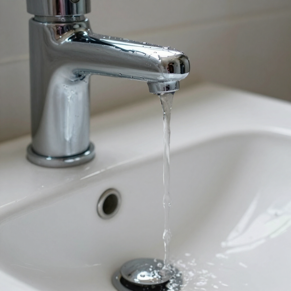 Chrome bathroom faucet dripping into a white sink basin