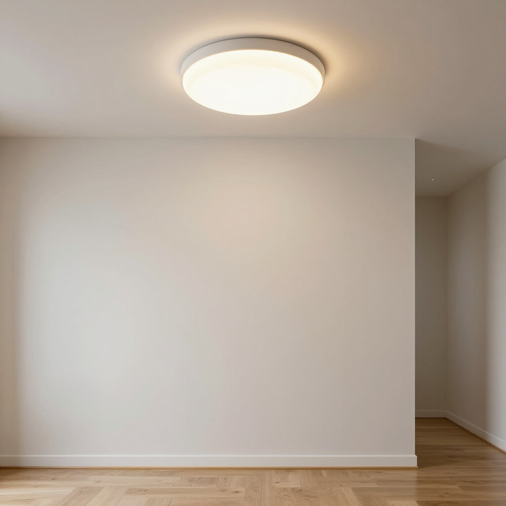 Empty white room with wood floor and a round ceiling light