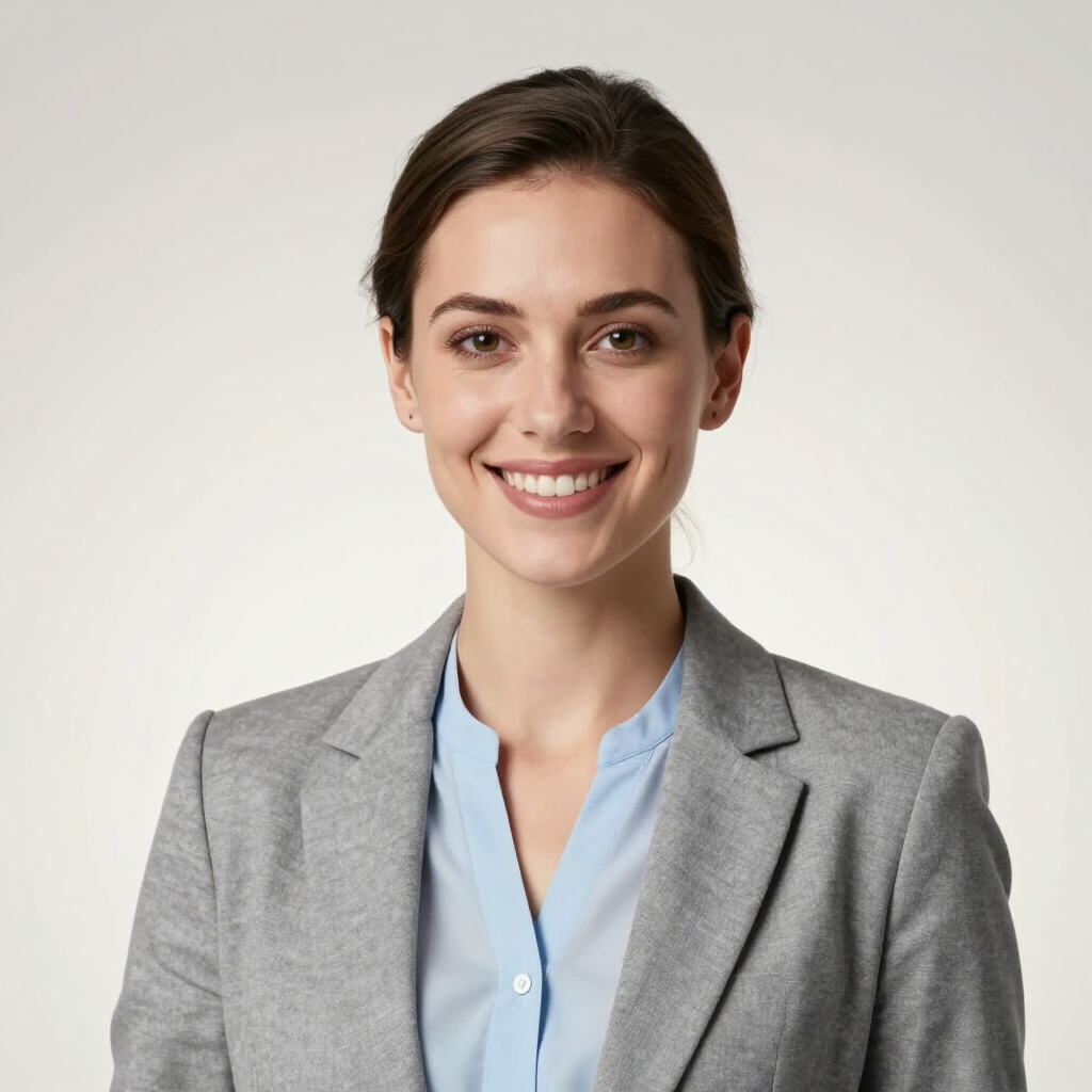 Smiling professional in a gray blazer and light blue shirt against a plain background