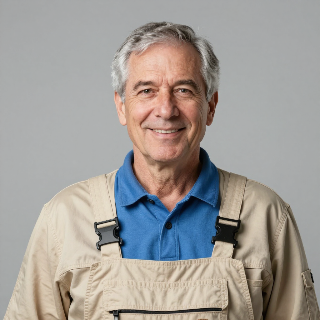 Smiling man in beige overalls and blue shirt against a plain gray background