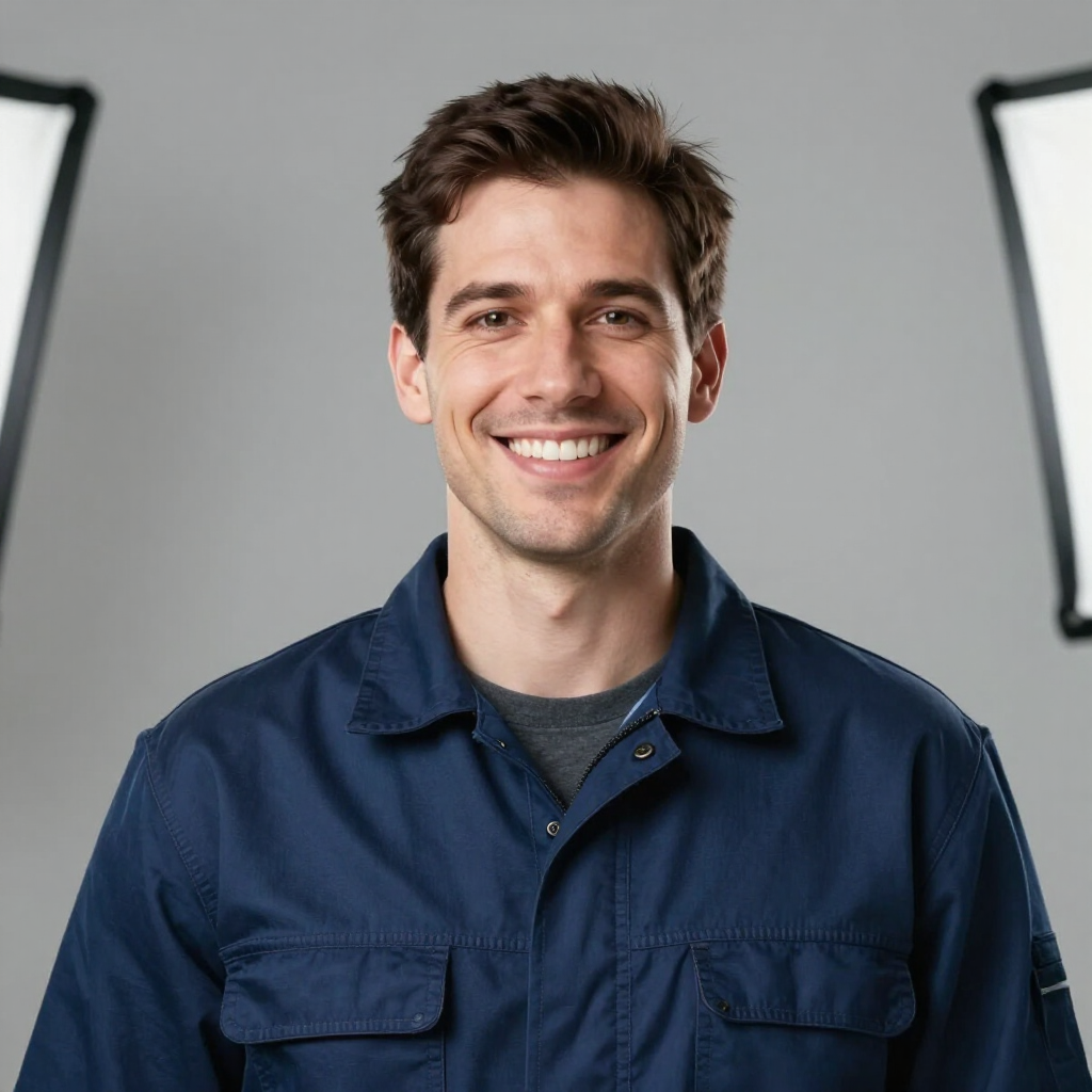 Smiling man in a navy work shirt standing against a gray studio backdrop