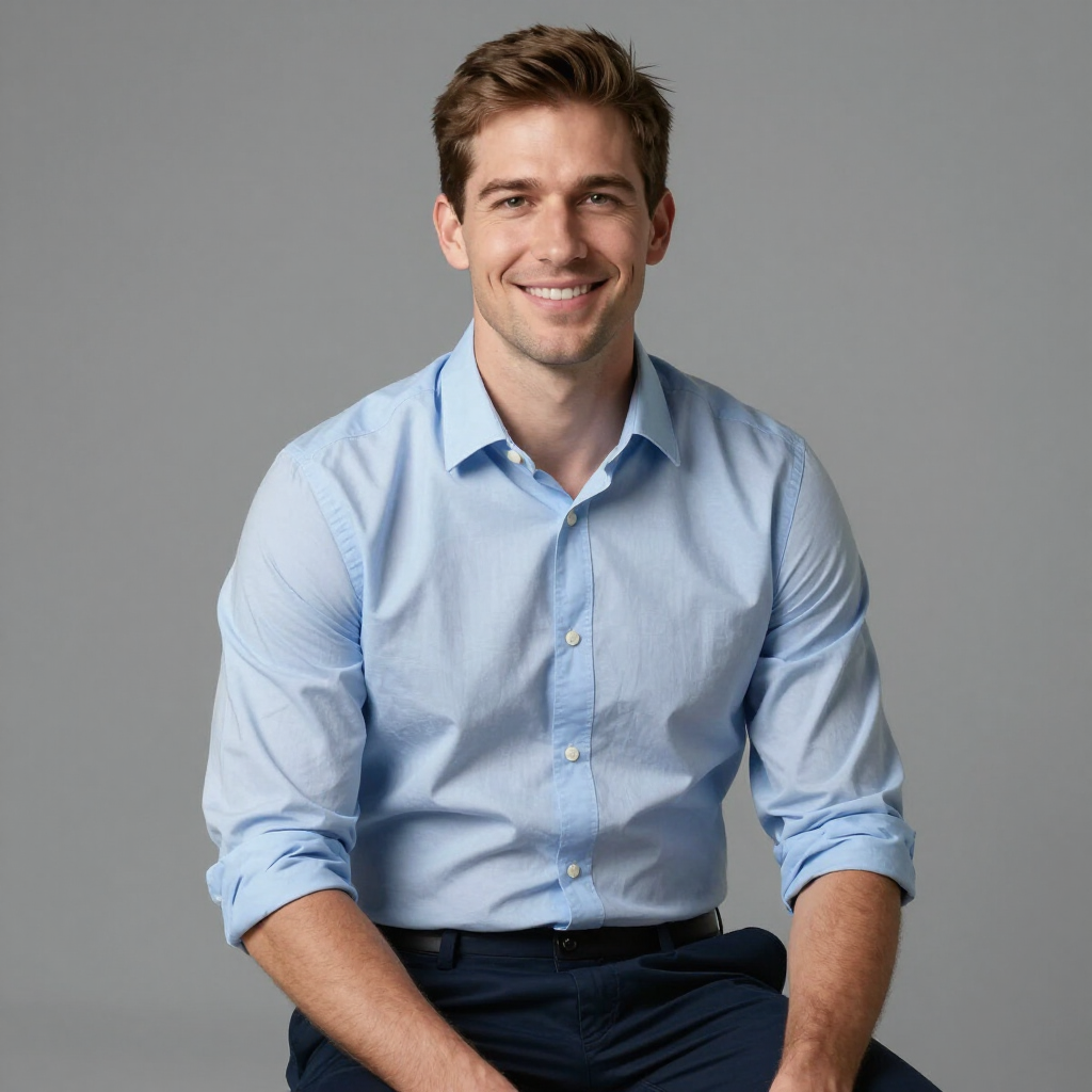 Smiling man in a light blue shirt sitting against a gray background