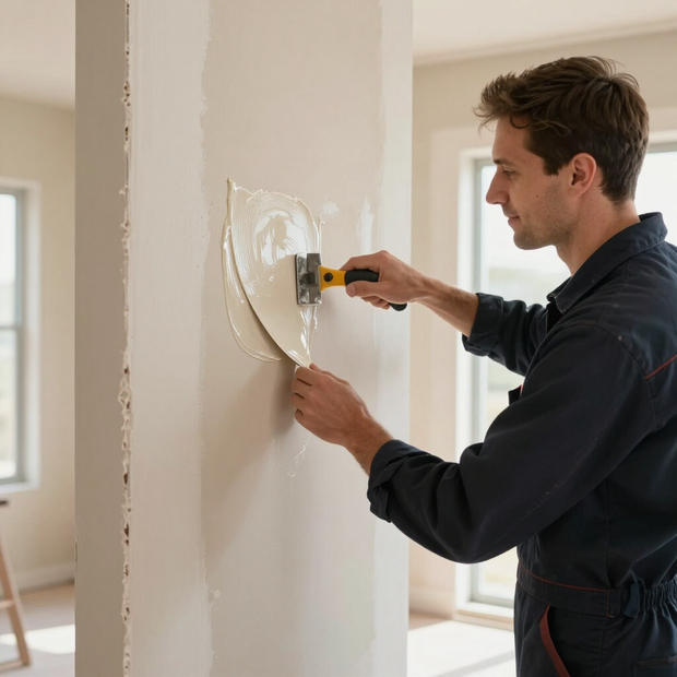 Person smoothing drywall compound on a wall with a trowel in a bright room