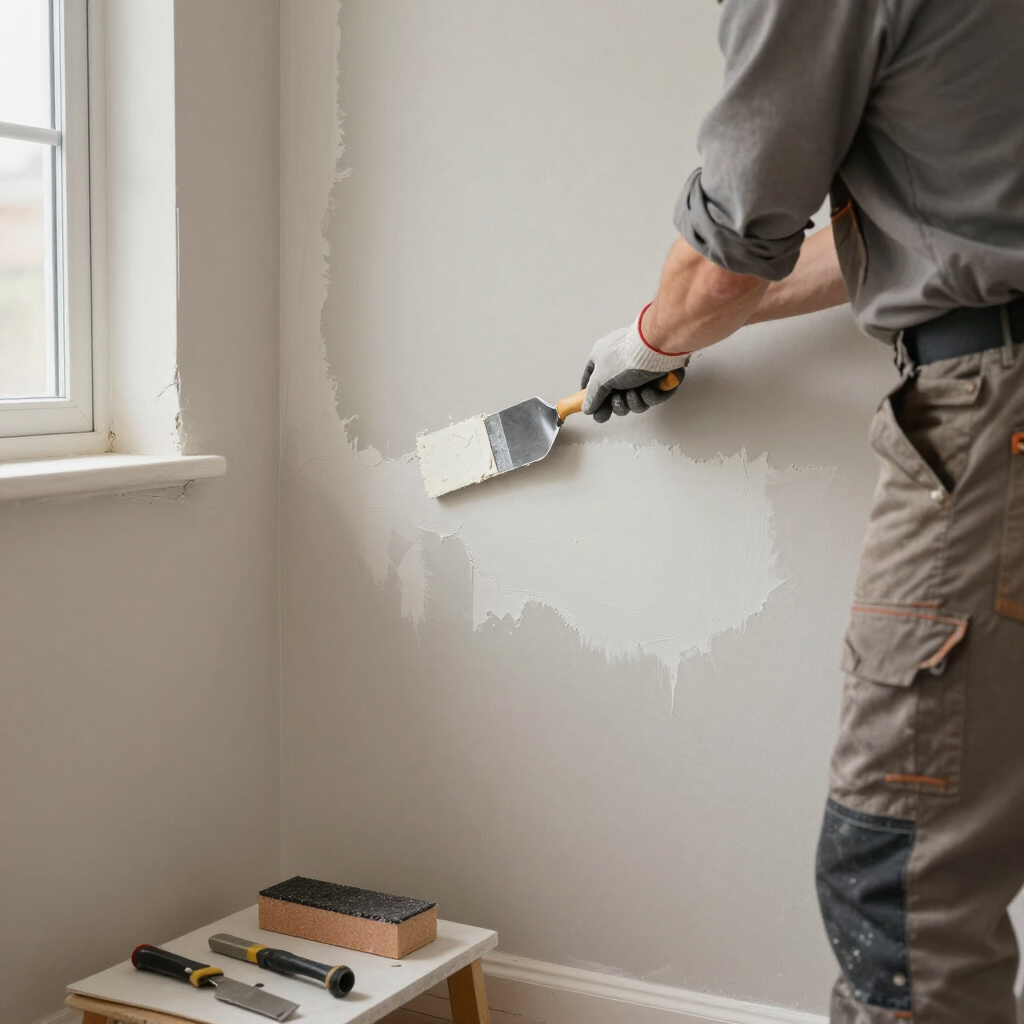 Person applying plaster to a wall near a window during home ремонта