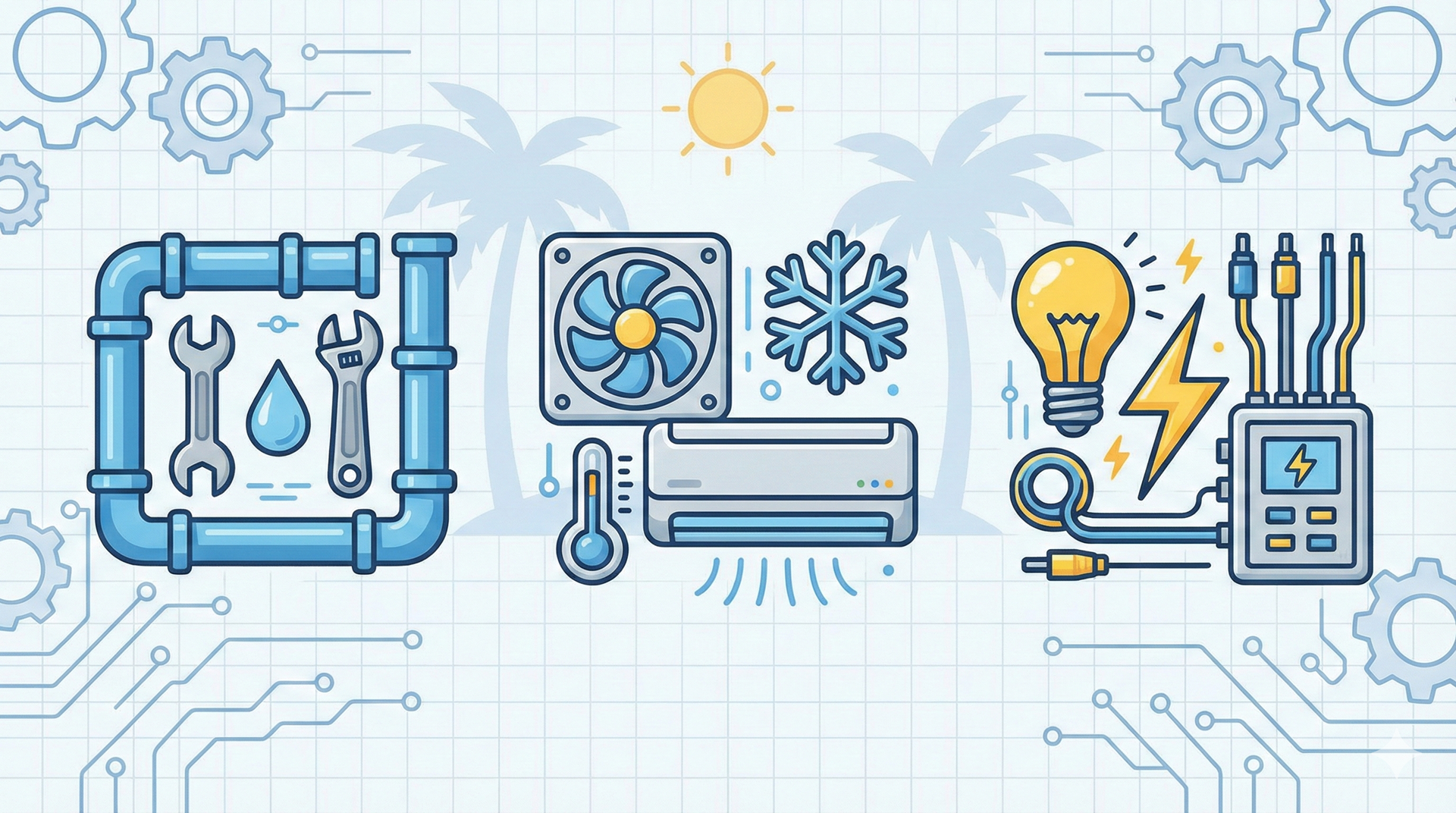 Plumbing, HVAC, and electrical equipment illustration with palm trees and a sunny sky.
