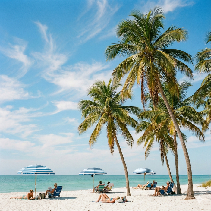 Beach scene with palm trees, blue umbrellas, and people relaxing on the sand under a bright blue sky.