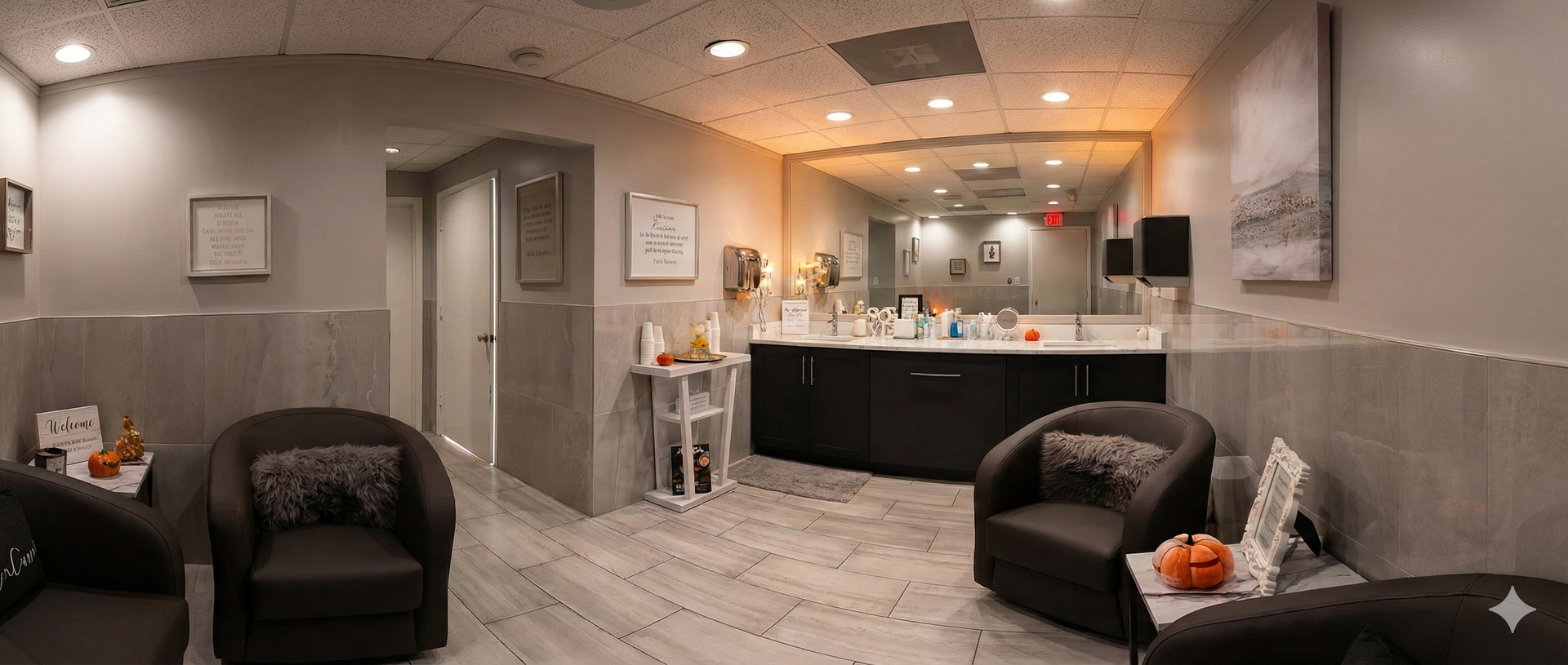 A waiting room with chairs, a large mirror over a countertop with sinks, and artwork.