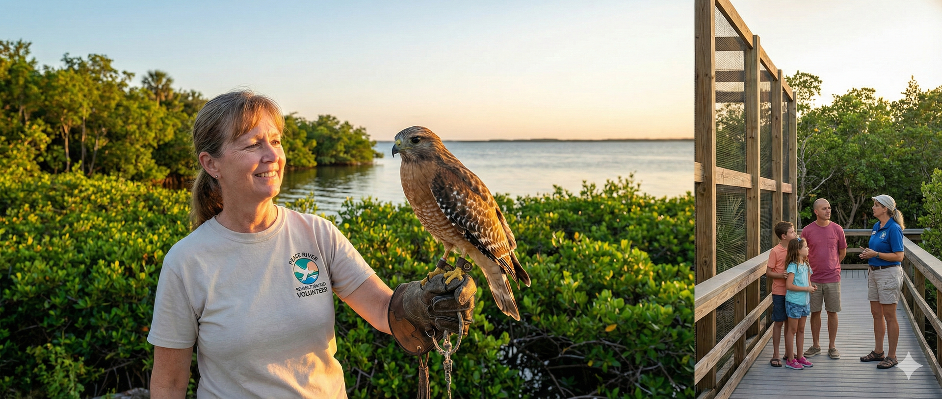 Woman with hawk, standing near water, talking with family on a boardwalk.